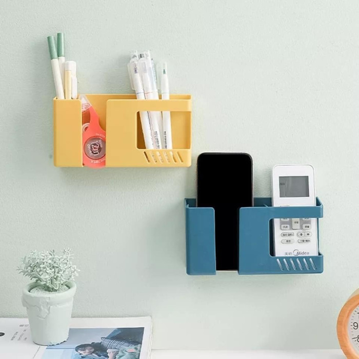 Multi-functional Wall Holder with extra Storage Box, Remote Control holder, Mobile stand Charging Shelf - Phone Stand